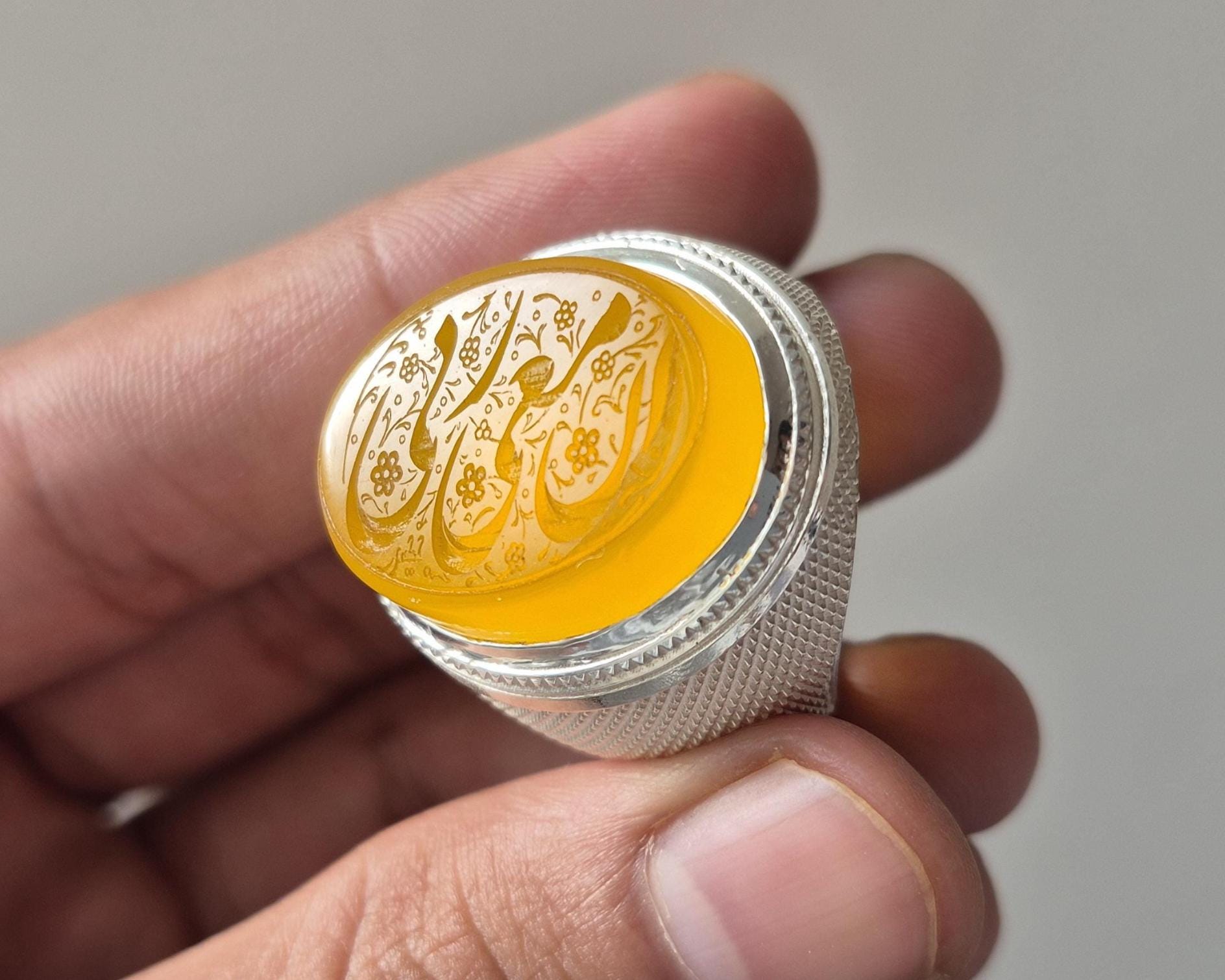 Natural Yellow Aqeeq Islamic Ring , Inna Ma Rabbi Engraved Ring, Arabic Calligraphy Ring, Islamic Agate Ring , Aqeeq Ring ,Mens Islamic Ring