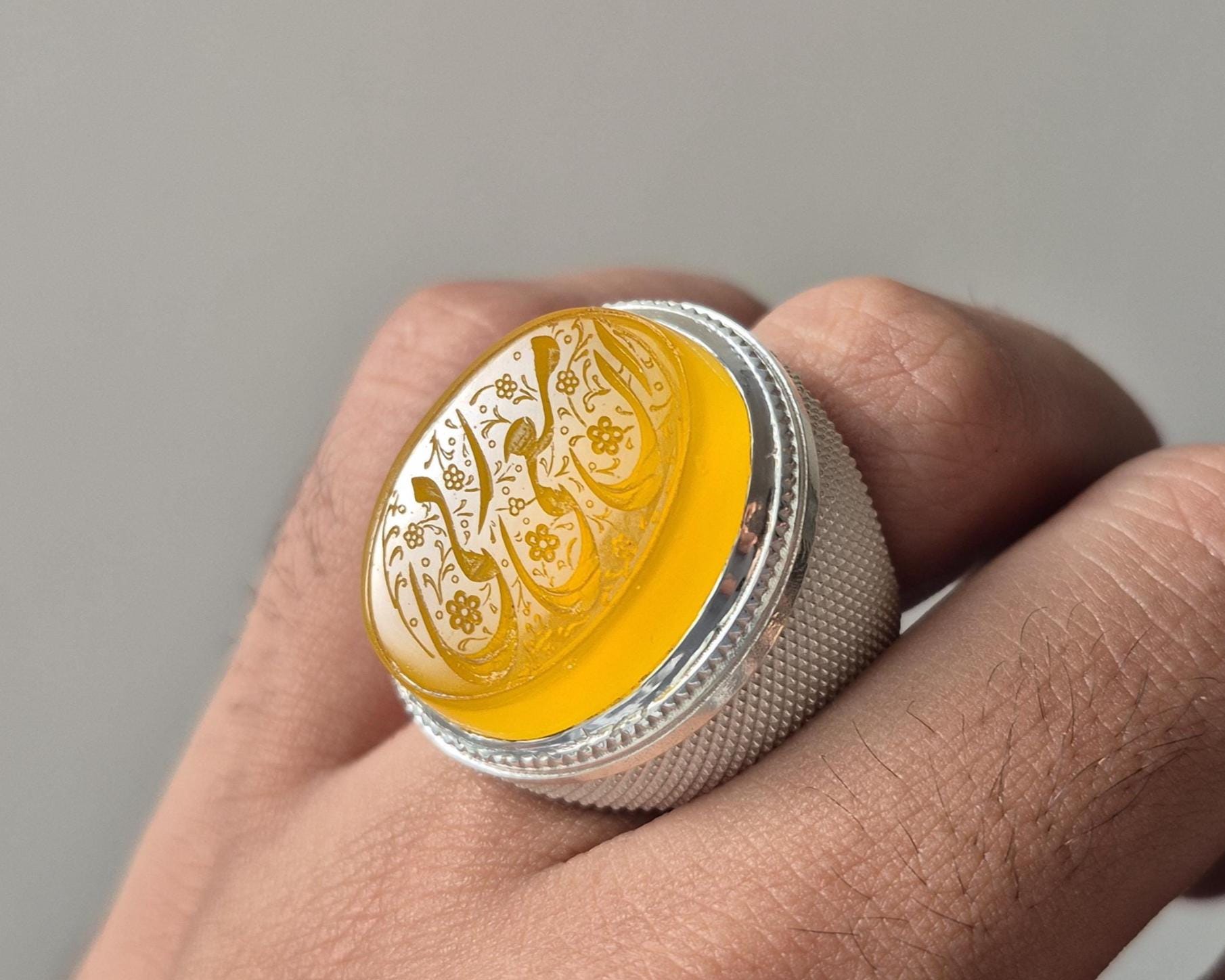 Natural Yellow Aqeeq Islamic Ring , Inna Ma Rabbi Engraved Ring, Arabic Calligraphy Ring, Islamic Agate Ring , Aqeeq Ring ,Mens Islamic Ring